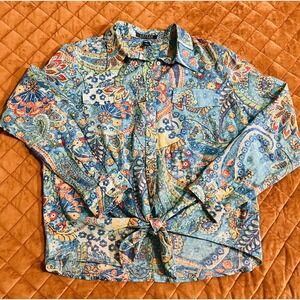 Ralph Lauren Blue Paisley Tie Waist Blouse Womens Large Button Front Classic